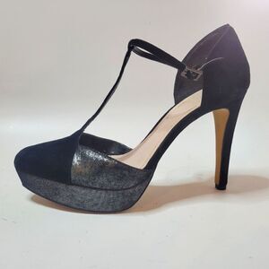 Vince Camuto Akido Leather Platform T-Strap Heels Gunmetal and Black Suede